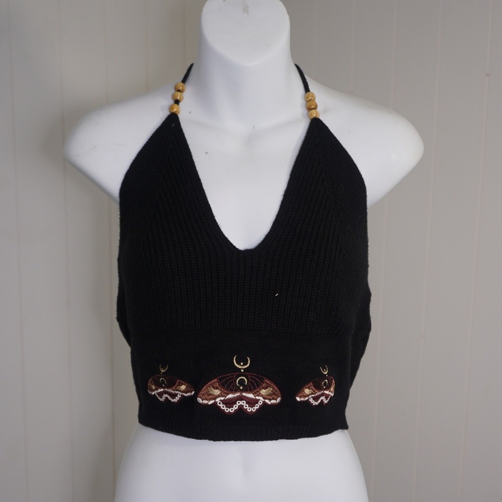 Black Knit Halter Top Large Moth Embroidery Wood Bead Detail